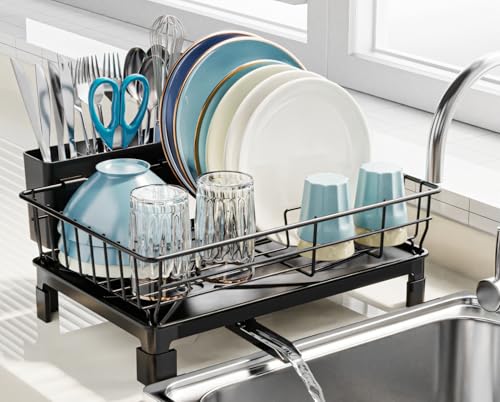 GSlife Dish Drying Rack for Kitchen Counter or in Sink Small Dish Rack for RV and Small Apartment Counter Top Space Compact Dish Drainer with Utensil Holder and Drain Spout Black