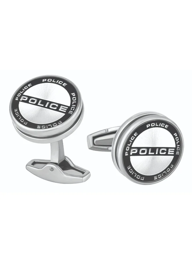 POLICE Silver Black Stainless Steel Cufflinks for Men 16mm