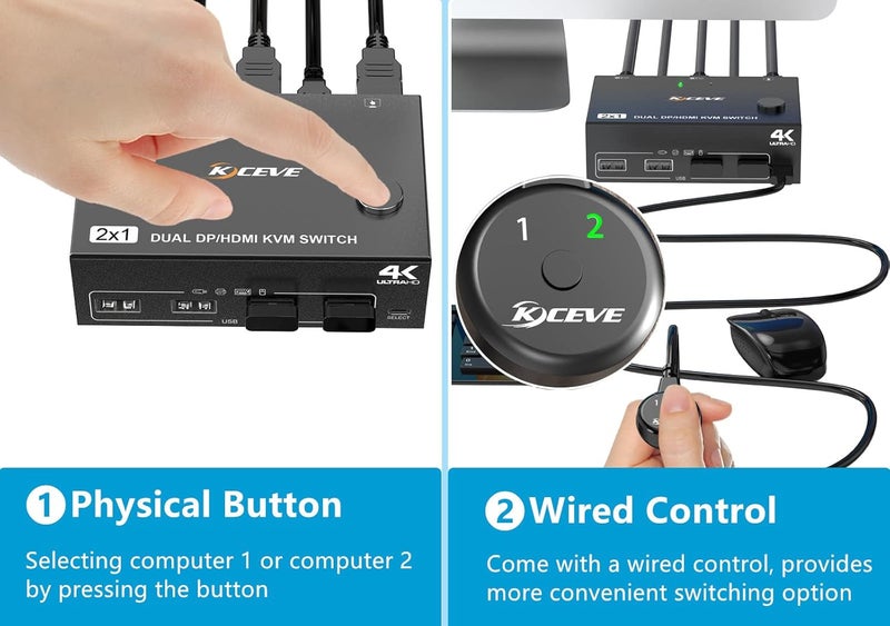 KCEVE DP HDMI KVM Switch For 2 Computers 2 Monitors, Dual Displayport USB 2.0 Switcher Supports 4K@60Hz, Share Keyboard, Mouse And Monitor,8_Way - Image 4