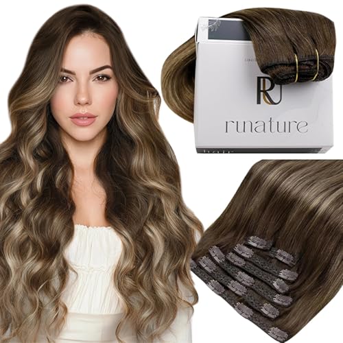 RUNATURE تمديدات شعر حقيقية من RUNATURE بطول 18 بوصة ووزن 120 جرام و7 قطع بلون بالياج لتكثيف الشعر - Image 1