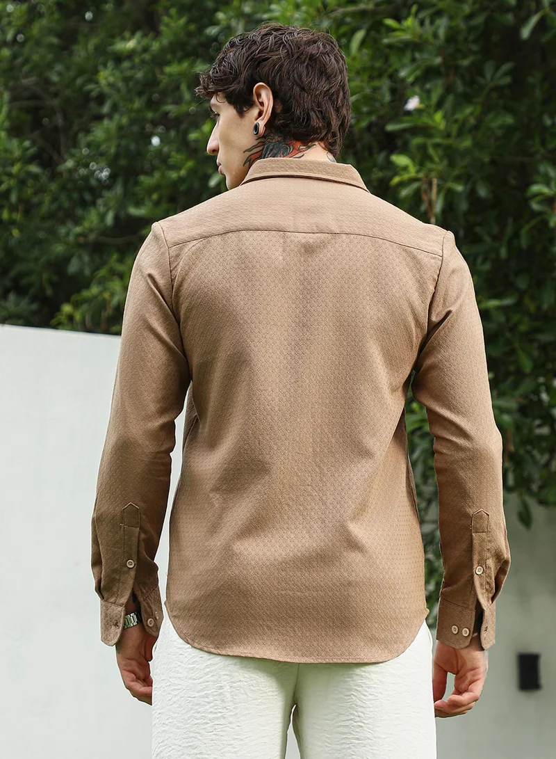 Campus Sutra Men's Beige Textured Cotton Blend Full Sleeve Shirt