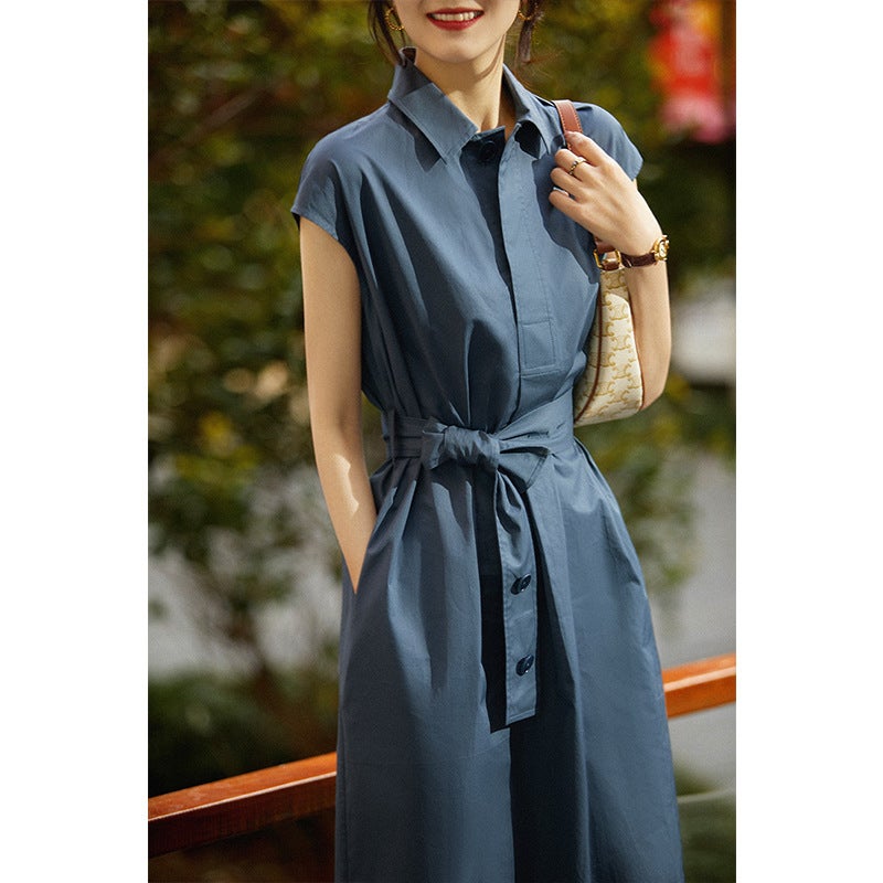 2023 Summer New Low-key Texture Artistic Style Woven Horse Cotton POLO Collar Short-sleeved Belt Slimming Dress Deep fog Blue