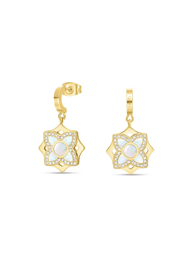 CERRUTI 1881 Ottavia Gold-Plated Drop Earrings, White Mother of Pearl Floral Design, Iconic â€˜Câ€™ Motif, Elegant Jewelry for Women