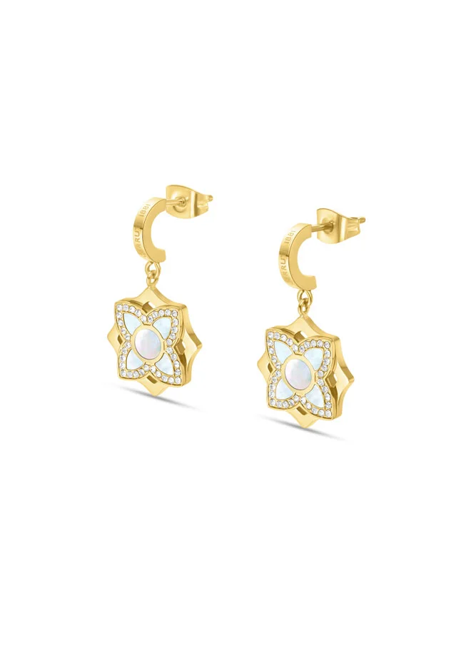 CERRUTI 1881 Ottavia Gold-Plated Drop Earrings, White Mother of Pearl Floral Design, Iconic â€˜Câ€™ Motif, Elegant Jewelry for Women
