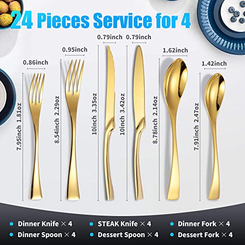 Lemeya 24 Pieces Silverware Set with Steak Knives,Heavy Duty 18/10 Stainless Steel Flatware Set with Forged Stand Knives,Modern Cutlery,Mirror Polished,Dishwasher Safe (Gold, 24 Pieces Set) - Image 3