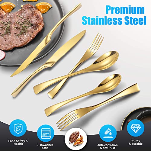 Lemeya 24 Pieces Silverware Set with Steak Knives,Heavy Duty 18/10 Stainless Steel Flatware Set with Forged Stand Knives,Modern Cutlery,Mirror Polished,Dishwasher Safe (Gold, 24 Pieces Set) - Image 2