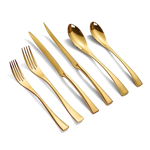 Lemeya 24 Pieces Silverware Set with Steak Knives,Heavy Duty 18/10 Stainless Steel Flatware Set with Forged Stand Knives,Modern Cutlery,Mirror Polished,Dishwasher Safe (Gold, 24 Pieces Set) - Image 1
