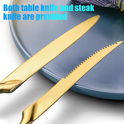 Lemeya 24 Pieces Silverware Set with Steak Knives,Heavy Duty 18/10 Stainless Steel Flatware Set with Forged Stand Knives,Modern Cutlery,Mirror Polished,Dishwasher Safe (Gold, 24 Pieces Set) - Image 5