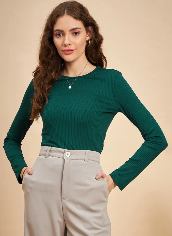 MINT STREET Ribbed Long Sleeve Top for Women in Green