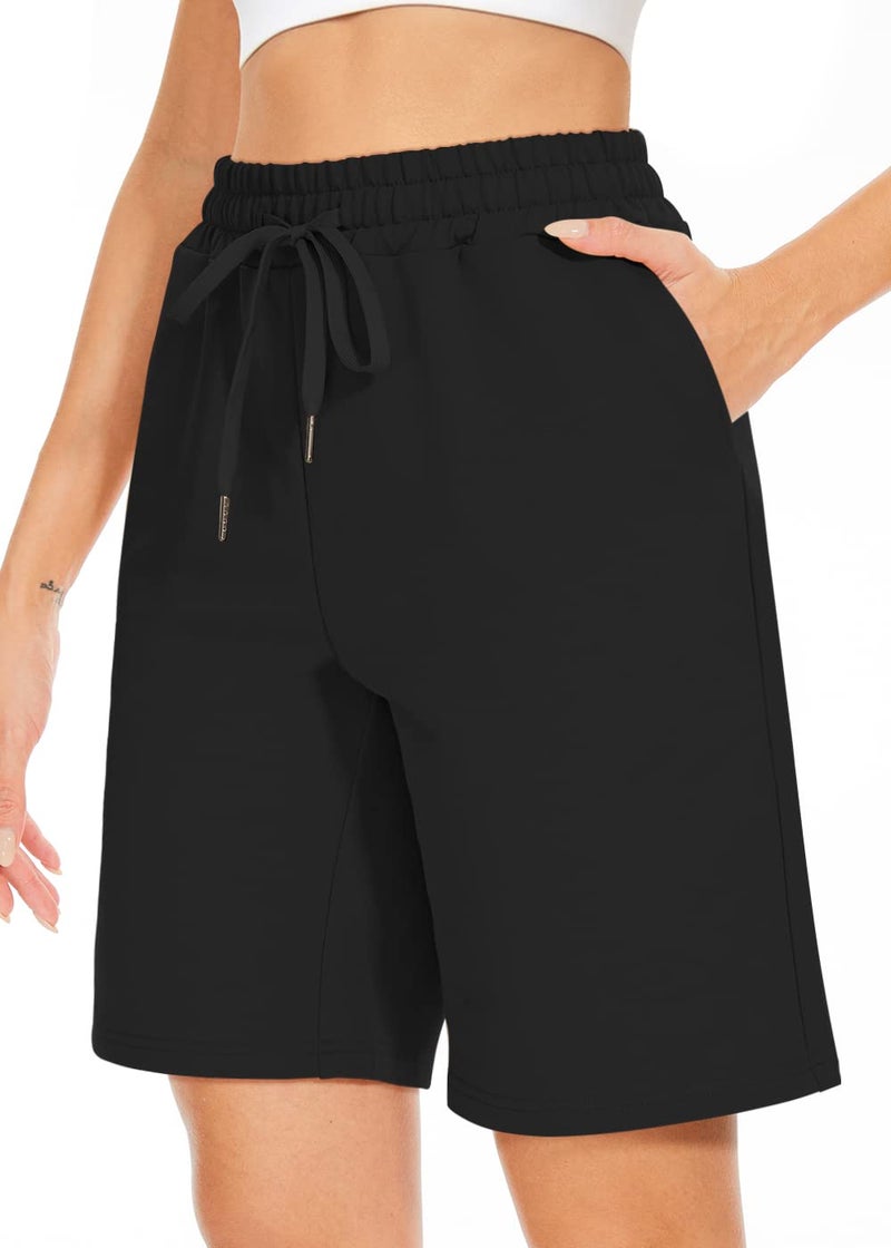 TARSE Women's Bermuda Shorts Drawstring Long Cotton Loose with Pockets Knee Length Shorts Yoga Casual Walking Exercise Shorts(Black,S) - Image 1