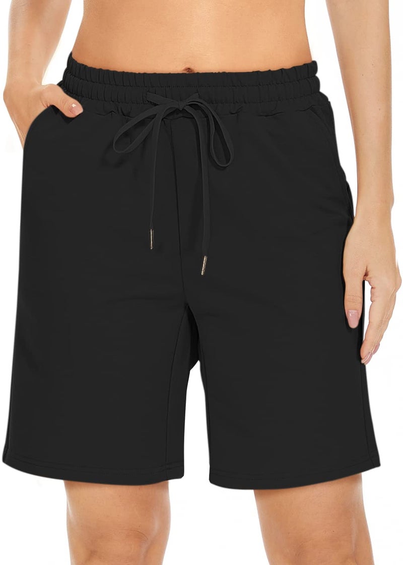 TARSE Women's Bermuda Shorts Drawstring Long Cotton Loose with Pockets Knee Length Shorts Yoga Casual Walking Exercise Shorts(Black,S) - Image 2