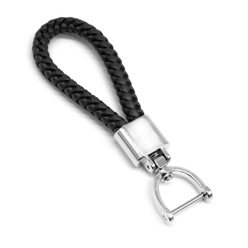 FEYOUN Universal Black Leather Car Fob Keychain Metal Keyring Woven Strap Braided Rope Key Chain for Men and Women Silver Color with 360 Degree Rotatable Dring and Screwdriver