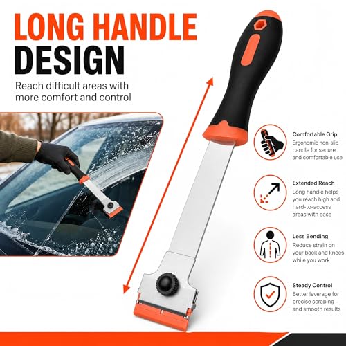 Burbifro Razor Blade Scraper, Long Handle Scraper Tool with 10 Plastic and 10 Metal Blades - Ideal for Removing Labels, Stickers, Appliance Grease, and More from Windshields, Tint, and Glass (Orange) - Image 5
