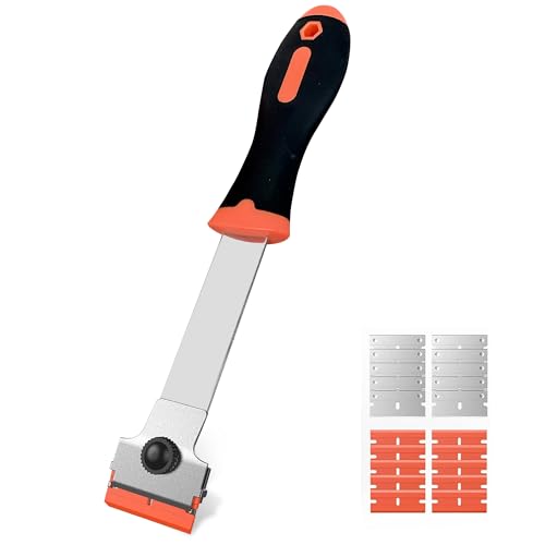 Burbifro Razor Blade Scraper, Long Handle Scraper Tool with 10 Plastic and 10 Metal Blades - Ideal for Removing Labels, Stickers, Appliance Grease, and More from Windshields, Tint, and Glass (Orange) - Image 1