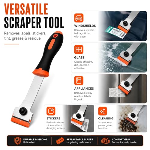 Burbifro Razor Blade Scraper, Long Handle Scraper Tool with 10 Plastic and 10 Metal Blades - Ideal for Removing Labels, Stickers, Appliance Grease, and More from Windshields, Tint, and Glass (Orange) - Image 2