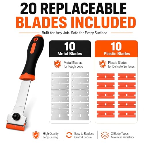 Burbifro Razor Blade Scraper, Long Handle Scraper Tool with 10 Plastic and 10 Metal Blades - Ideal for Removing Labels, Stickers, Appliance Grease, and More from Windshields, Tint, and Glass (Orange) - Image 4