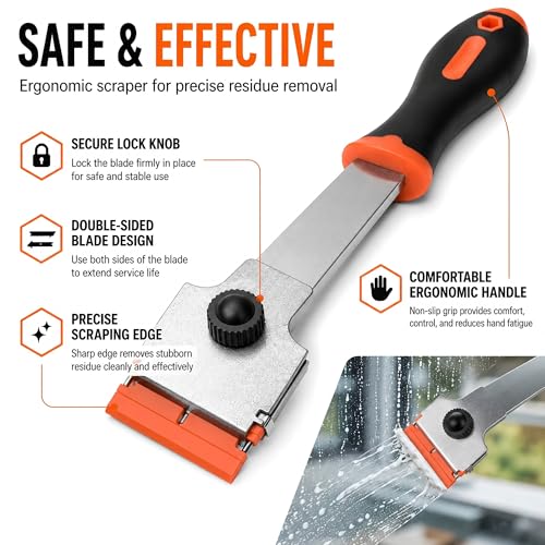 Burbifro Razor Blade Scraper, Long Handle Scraper Tool with 10 Plastic and 10 Metal Blades - Ideal for Removing Labels, Stickers, Appliance Grease, and More from Windshields, Tint, and Glass (Orange) - Image 3