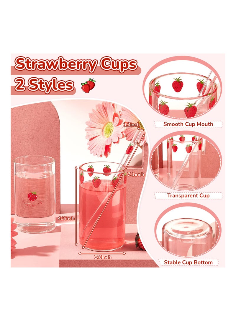 SYOSI 2 Sets Of Strawberry Cup Glasses With Straw Lovely Glass Roller Juice Water Milk Coffee Cup  - Image 3