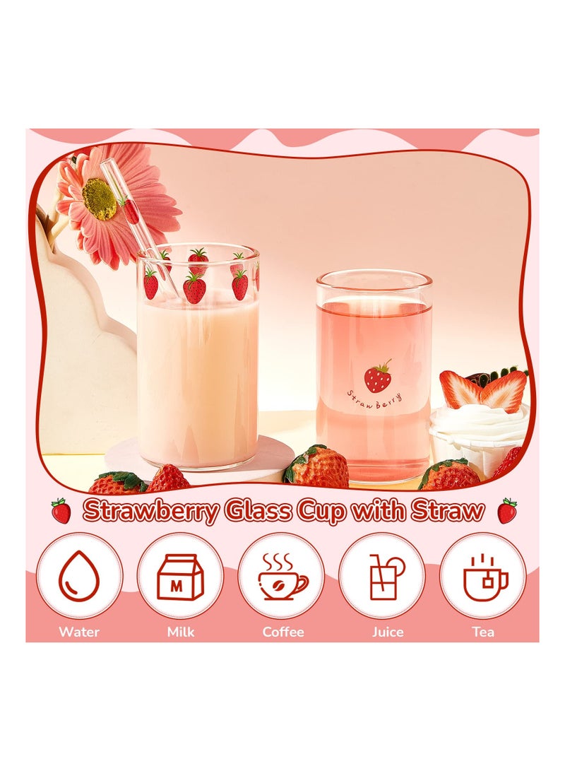 SYOSI 2 Sets Of Strawberry Cup Glasses With Straw Lovely Glass Roller Juice Water Milk Coffee Cup  - Image 4