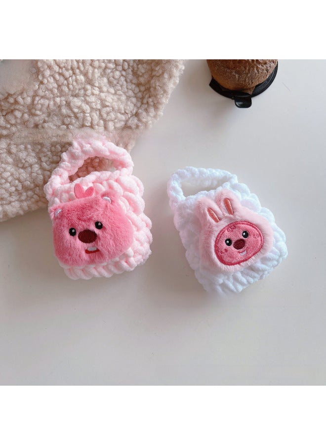 Pink Cute Cyber Red Bear Lion Wake Flower Plush Hand-woven Drop-resistant Headphone Bag Bluetooth Headphone Protective Cover Finished Product-Color:Pink Bag White Pollen Mouth  - Image 2