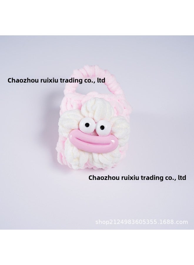 Pink Cute Cyber Red Bear Lion Wake Flower Plush Hand-woven Drop-resistant Headphone Bag Bluetooth Headphone Protective Cover Finished Product-Color:Pink Bag White Pollen Mouth  - Image 1