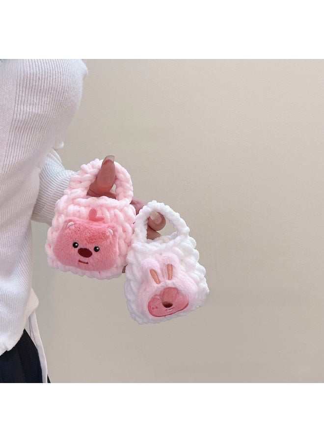 Pink Cute Cyber Red Bear Lion Wake Flower Plush Hand-woven Drop-resistant Headphone Bag Bluetooth Headphone Protective Cover Finished Product-Color:Pink Bag White Pollen Mouth  - Image 3