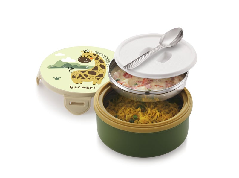 Liza Tasty Bites Stainless Steel Lunch Box with Spoon | 380ml Leak-Proof Lightweight Tiffin Box for Kids & Office | Outer Plastic + Inner Steel | Green - Image 2