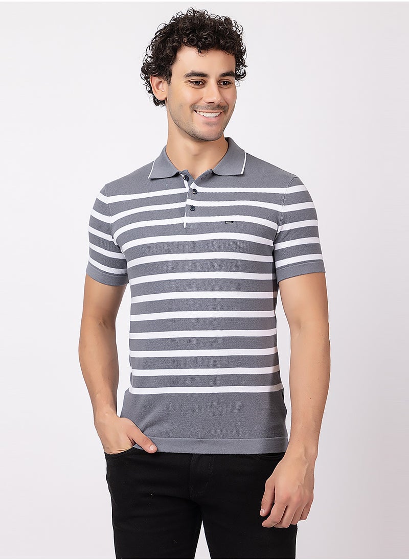 OCTAVE - Octave Men's Contrast color Horizontal Stripe Knited T-Shirt,Charcol - Image 1