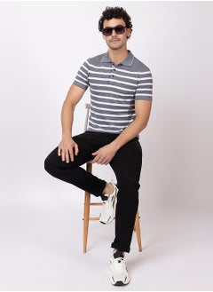 OCTAVE Octave Men's Contrast color Horizontal Stripe Knited T-Shirt,Charcol  - Image 2