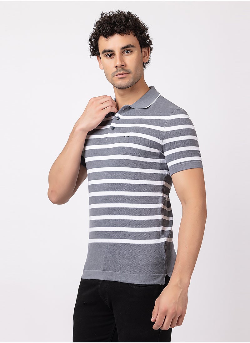 OCTAVE - Octave Men's Contrast color Horizontal Stripe Knited T-Shirt,Charcol - Image 1