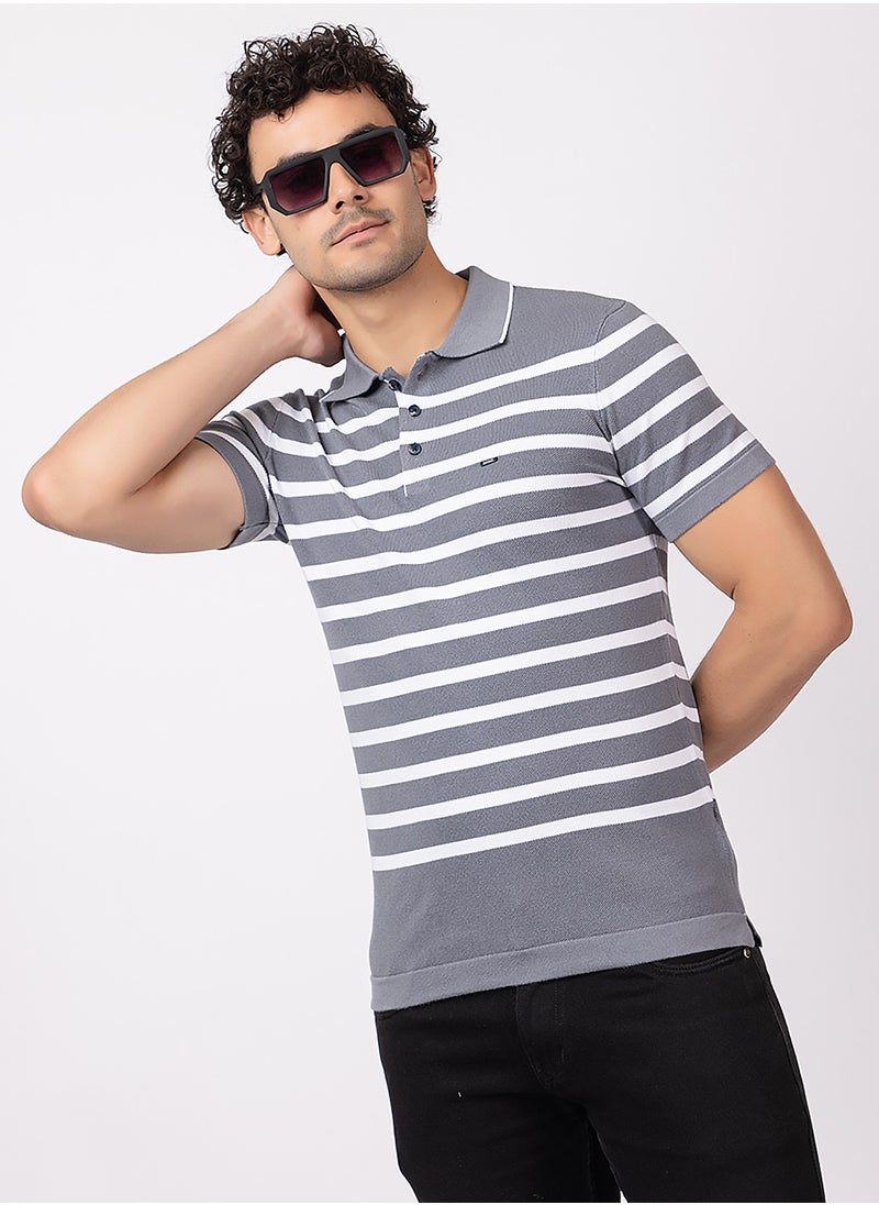 OCTAVE - Octave Men's Contrast color Horizontal Stripe Knited T-Shirt,Charcol - Image 1