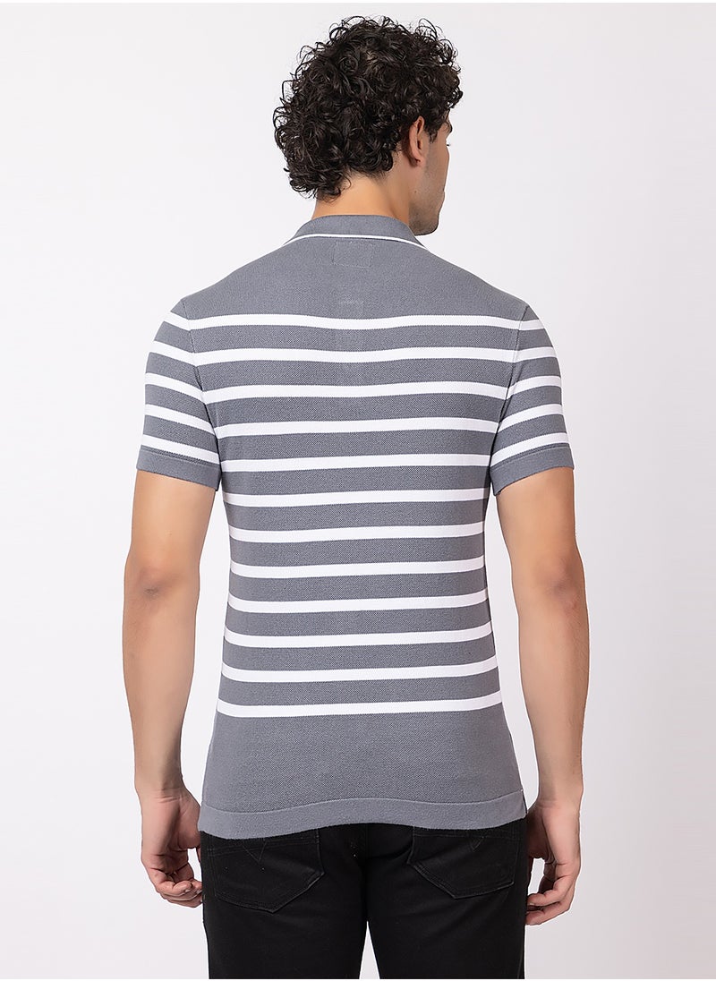 OCTAVE - Octave Men's Contrast color Horizontal Stripe Knited T-Shirt,Charcol - Image 1