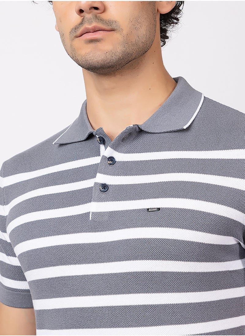 OCTAVE - Octave Men's Contrast color Horizontal Stripe Knited T-Shirt,Charcol - Image 1