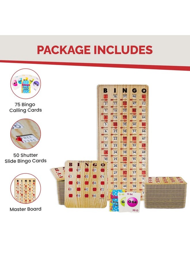 Mr Chips MR CHIPS Jam-Proof Bingo Cards with Sliding Windows, 50 Reusable Bingo Shutter Cards, 75 Bingo Calling Cards, 1 Bingo Master Board in Tan Woodgrain Style  - Image 4