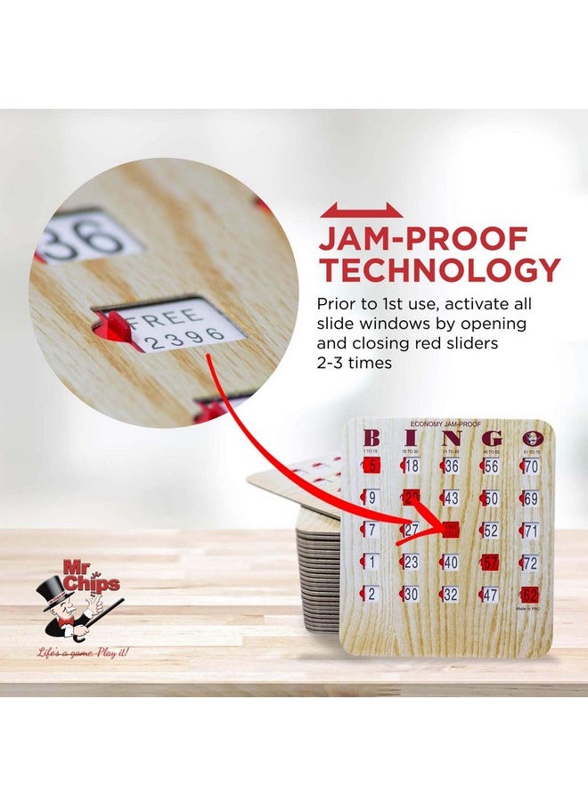 Mr Chips MR CHIPS Jam-Proof Bingo Cards with Sliding Windows, 50 Reusable Bingo Shutter Cards, 75 Bingo Calling Cards, 1 Bingo Master Board in Tan Woodgrain Style  - Image 3