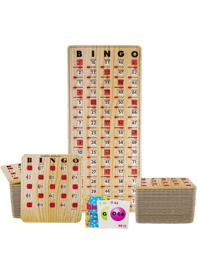 Mr Chips MR CHIPS Jam-Proof Bingo Cards with Sliding Windows, 50 Reusable Bingo Shutter Cards, 75 Bingo Calling Cards, 1 Bingo Master Board in Tan Woodgrain Style  - Image 1