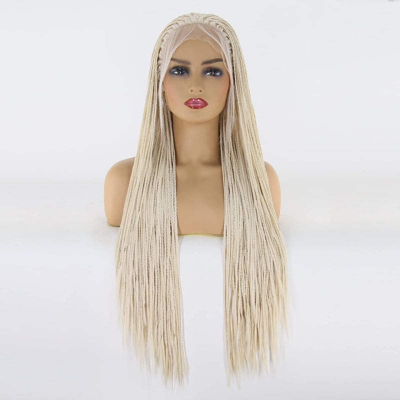 BTWTRY Platinum Blonde Braided Synthetic Lace Front Wigs for Black Women Heat Resistant Fiber Hair Micro Braided Hair Box Braids Wig African American Hair 24inch 60 Color