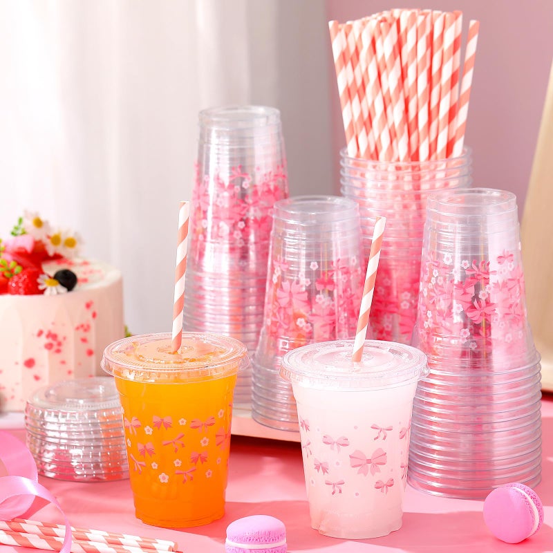 meekoo ميكو 50 مجموعة أكواب وردية مع أغطية مسطحة وقش 12 أونصة أكواب بلاستيكية شفافة للتخلص منها مع أغطية لحفلات ذات طابع خاص  حفلات زفاف  حفلات عيد الميلاد  مستلزمات الحفلات - Image 2