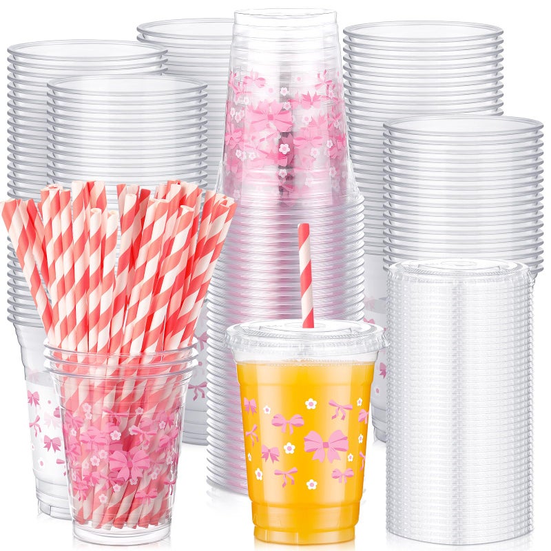 meekoo ميكو 50 مجموعة أكواب وردية مع أغطية مسطحة وقش 12 أونصة أكواب بلاستيكية شفافة للتخلص منها مع أغطية لحفلات ذات طابع خاص  حفلات زفاف  حفلات عيد الميلاد  مستلزمات الحفلات - Image 1
