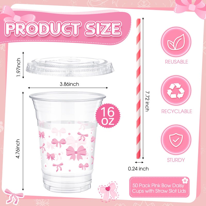 meekoo ميكو 50 مجموعة أكواب وردية مع أغطية مسطحة وقش 12 أونصة أكواب بلاستيكية شفافة للتخلص منها مع أغطية لحفلات ذات طابع خاص  حفلات زفاف  حفلات عيد الميلاد  مستلزمات الحفلات - Image 3