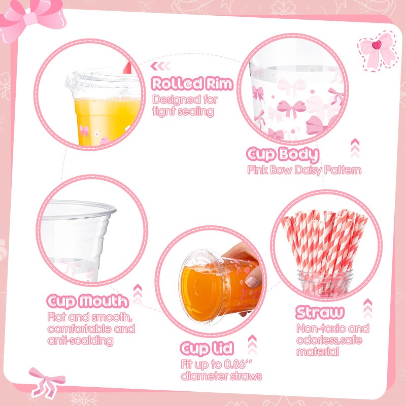 meekoo ميكو 50 مجموعة أكواب وردية مع أغطية مسطحة وقش 12 أونصة أكواب بلاستيكية شفافة للتخلص منها مع أغطية لحفلات ذات طابع خاص  حفلات زفاف  حفلات عيد الميلاد  مستلزمات الحفلات - Image 4