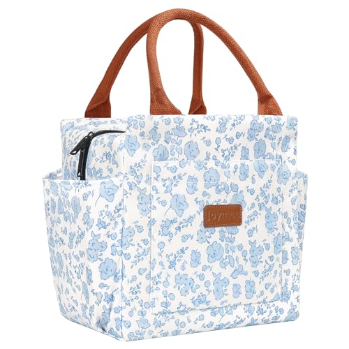 Joymee Lunch Bag Women Insulated Lunch Box Reusable Leakproof Large Spacious Cooler Tote for Women Men Adult with Bottle Holder and Side Pockets for Work Office Travel Picnic Blue Floral - Image 1