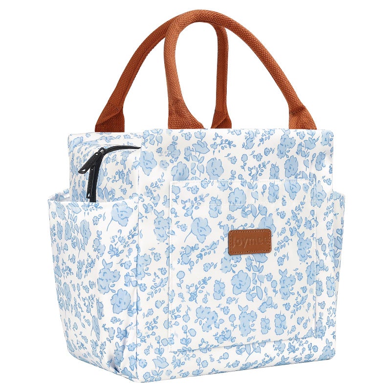 Joymee Lunch Bag Women Insulated Lunch Box Reusable Leakproof Large Spacious Cooler Tote for Women Men Adult with Bottle Holder and Side Pockets for Work Office Travel Picnic Blue Floral - Image 2