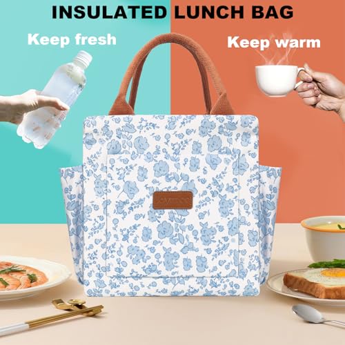 Joymee Lunch Bag Women Insulated Lunch Box Reusable Leakproof Large Spacious Cooler Tote for Women Men Adult with Bottle Holder and Side Pockets for Work Office Travel Picnic Blue Floral - Image 3