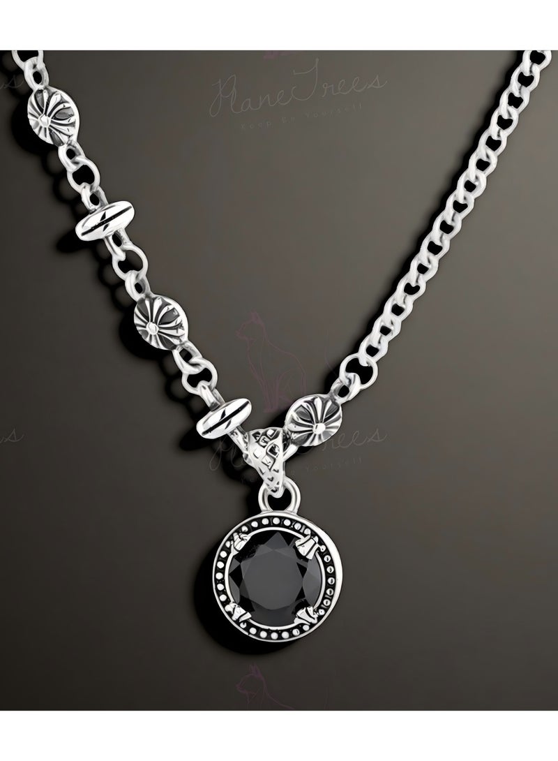 Plane Trees 925 Sterling Silver Retro Black Gemstone Pendant Necklace – Gothic Punk Style Women’s Jewelry - Image 1