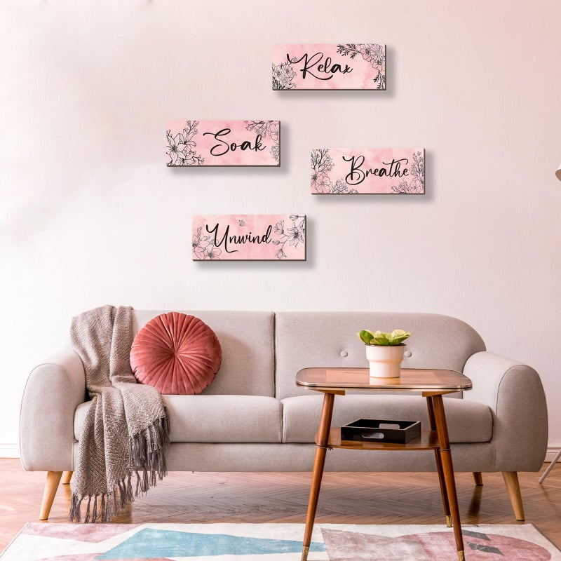 ONIZHITY 4 Pieces Pink Wall Decor Pink Floral Bathroom Decor Wooden Girls Room Decor with Relax Soak Unwind Breathe Positive Hanging Wall Art for Girl Teen Women Bedroom Living Room Decoration (Pink 10X4In) - Image 2