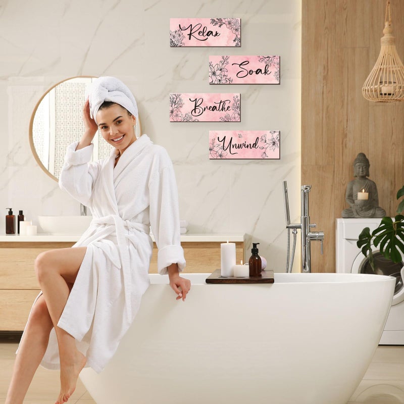 ONIZHITY 4 Pieces Pink Wall Decor Pink Floral Bathroom Decor Wooden Girls Room Decor with Relax Soak Unwind Breathe Positive Hanging Wall Art for Girl Teen Women Bedroom Living Room Decoration (Pink 10X4In) - Image 3