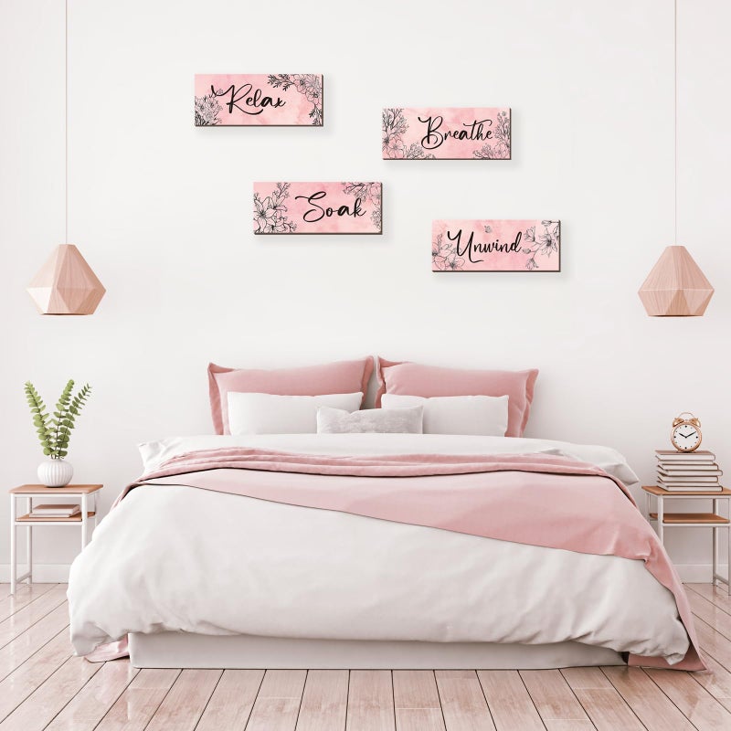 ONIZHITY 4 Pieces Pink Wall Decor Pink Floral Bathroom Decor Wooden Girls Room Decor with Relax Soak Unwind Breathe Positive Hanging Wall Art for Girl Teen Women Bedroom Living Room Decoration (Pink 10X4In) - Image 5