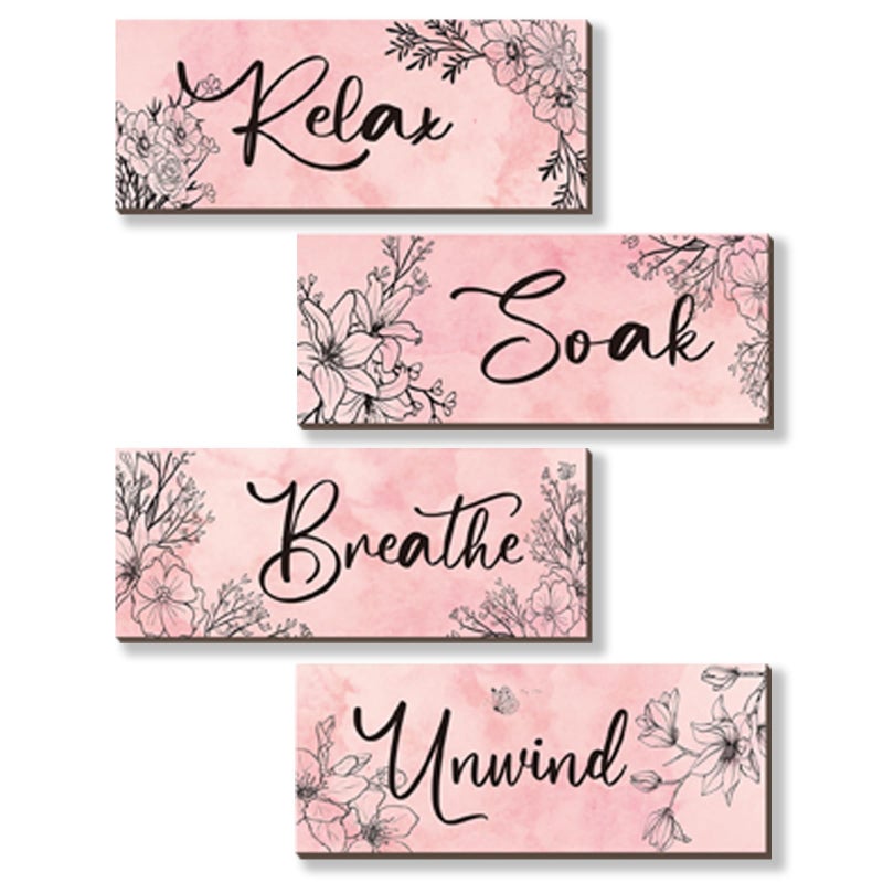 ONIZHITY 4 Pieces Pink Wall Decor Pink Floral Bathroom Decor Wooden Girls Room Decor with Relax Soak Unwind Breathe Positive Hanging Wall Art for Girl Teen Women Bedroom Living Room Decoration (Pink 10X4In) - Image 1