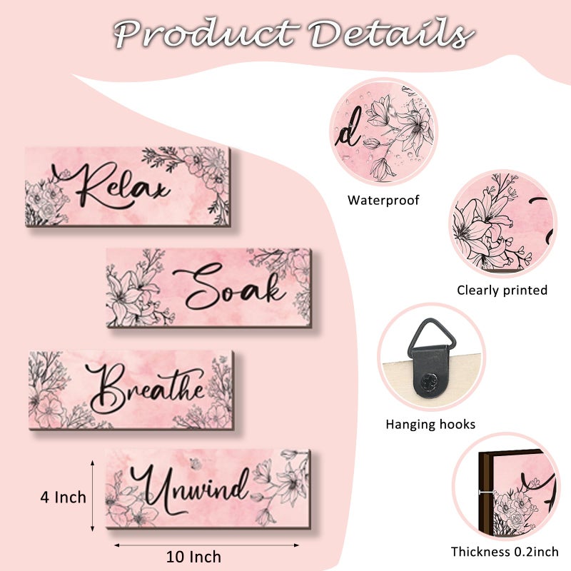 ONIZHITY 4 Pieces Pink Wall Decor Pink Floral Bathroom Decor Wooden Girls Room Decor with Relax Soak Unwind Breathe Positive Hanging Wall Art for Girl Teen Women Bedroom Living Room Decoration (Pink 10X4In) - Image 4